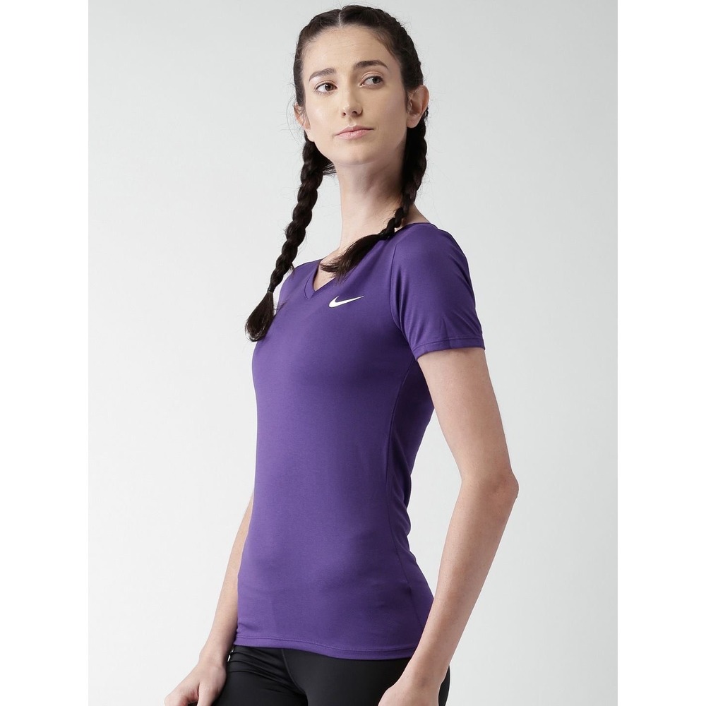 Nike Womens Dri-FIT‎ V-Neck Short Sleeve Training Shirt Purple Size Medium